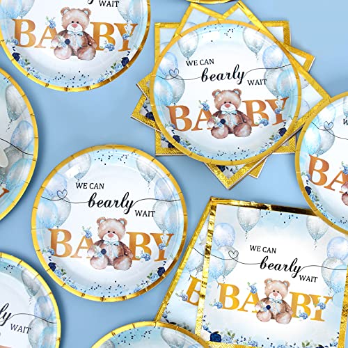 Teddy Bear Baby Shower Plates Napkins Tableware - We Can Bearly Wait Party Decorations Blue Teddy Bear Disposable Paper Plates Napkins Forks for Boy Girl Baby Shower Birthday Party Supplies