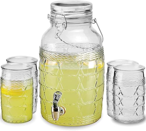 Miniatura 1 de Circleware Juego de entretenimiento de mimbre, dispensador de bebidas con tapa hermética y 4 vasos, jarra de cristal para agua, jugo, cerveza de