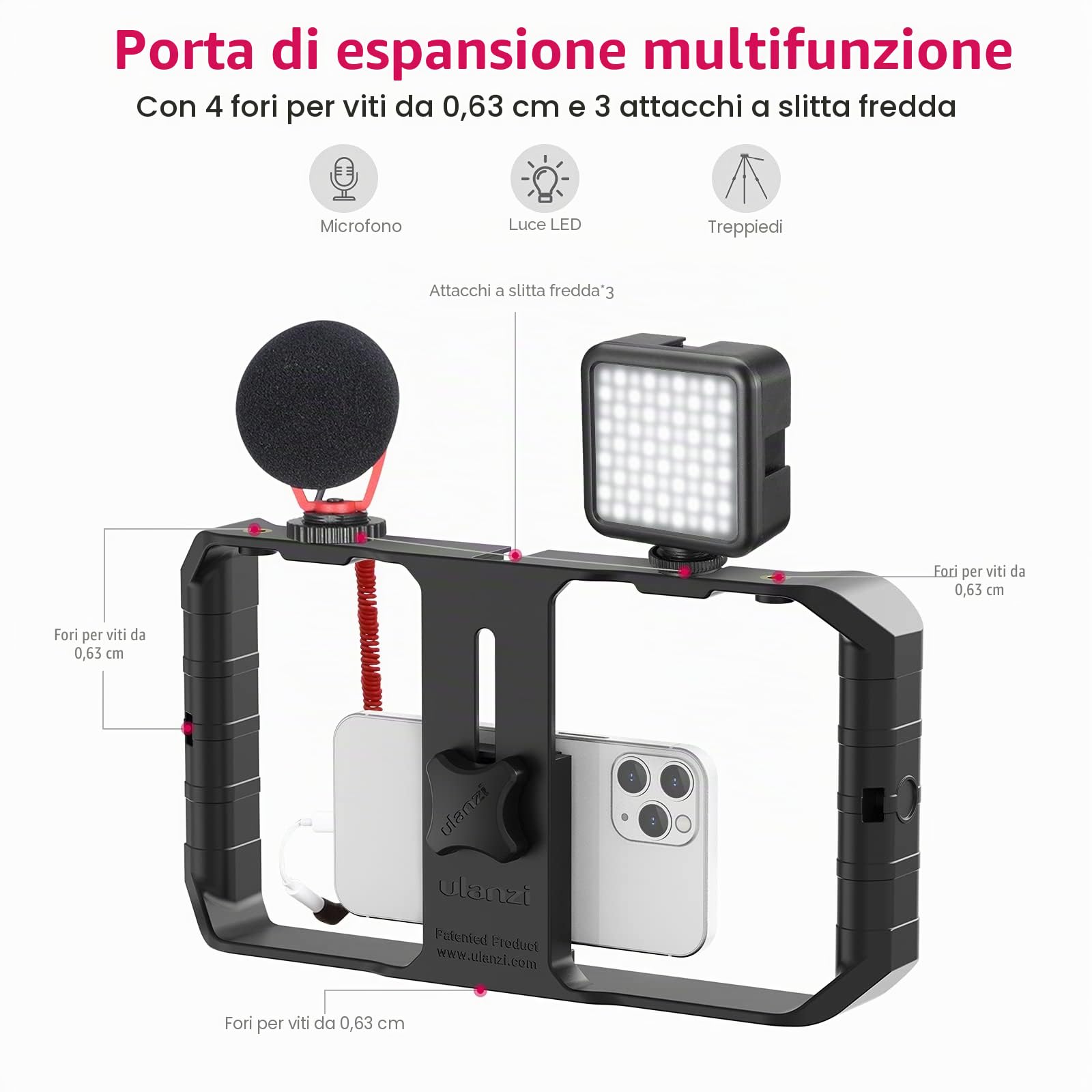 ULANZI U-Rig Pro Smartphone Video Rig, Stabilizzatori Video e Supporti per Smartphone con 3 Cold Mount, Gimbal per Vlogging con Impugnatura Regolabile per iPhone/Galaxy/Huaiwei/Xiaomi Vlog Youtuber