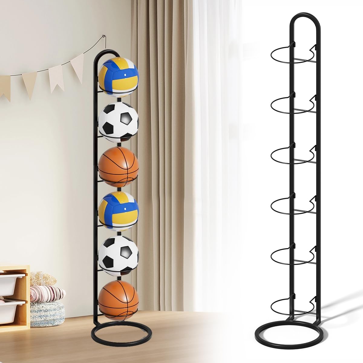 Support Ballon Foot à 6 Niveaux, Rangement Ballon Vertical, Support Ballon Basket en Métal, Porte Ballon Amovible pour Football, Basketball, Volley-Ball et Rugby