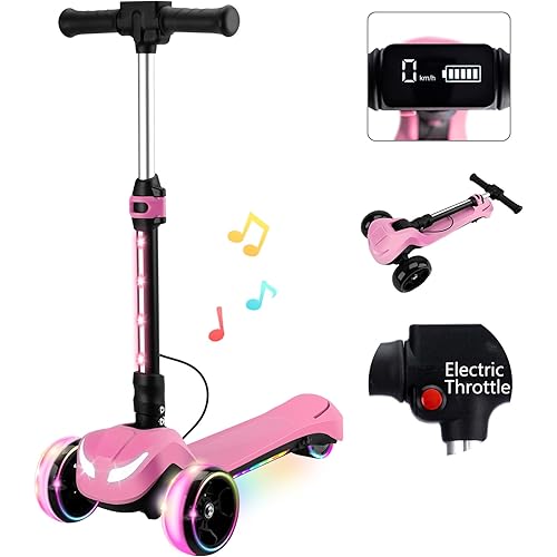 24V Electric Scooter for Kids w/150W Powerful Motor, Thumb Throttle, LCD Screen, Bluetooth, Light-Up Stem Deck & Wheels, 3 Adjustable Heights, 5MPH Safe Speed, 3 Wheel Electric Scooter for Kids