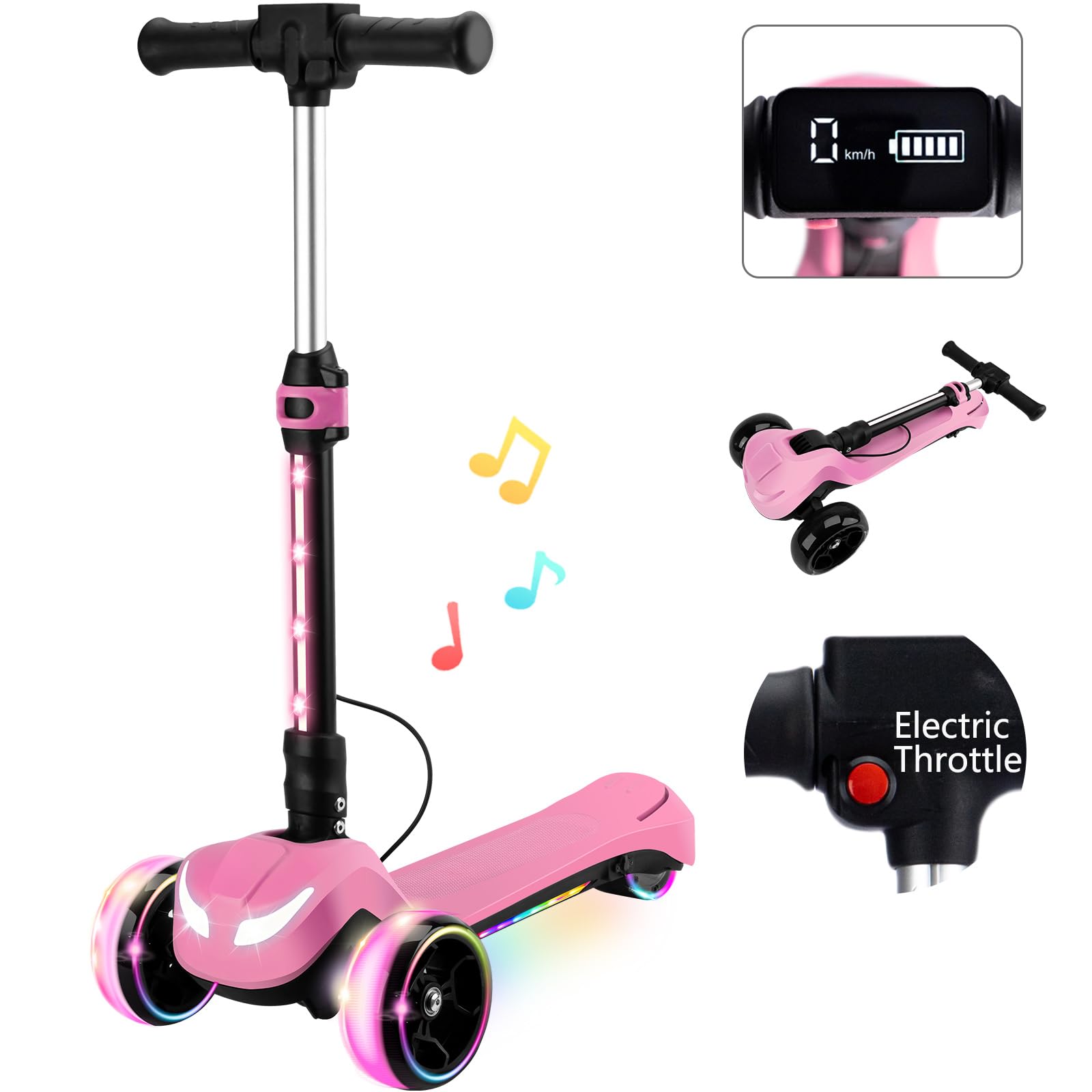 24V Electric Scooter for Kids w/150W Powerful Motor, Thumb Throttle, LCD Screen, Bluetooth, Light-Up Stem Deck & Wheels, 3 Adjustable Heights, 5MPH Safe Speed, 3 Wheel Electric Scooter for Kids