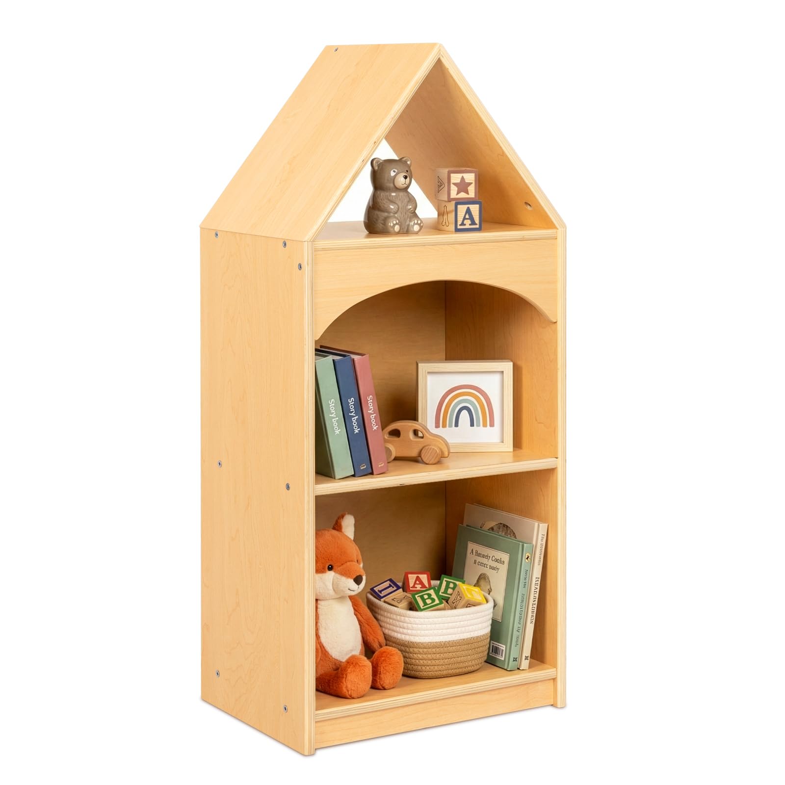 OOOK 3-Tier Kids Bookshelf, Kids Dollhouse Shelf with House Shape, Toy Storage Unit and Organizers for Kids Room, Playroom, Nursery, Classroom, Kindergarten