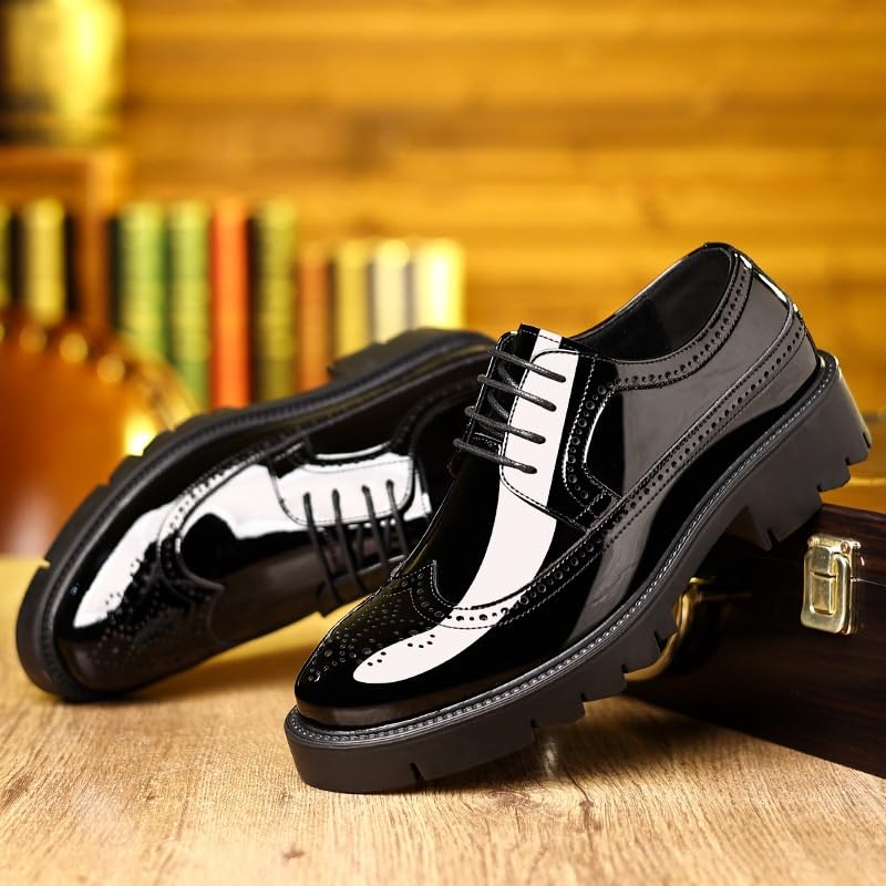 Men's Brogue Elevator Dress Shoes Patent Leather Business Formal Lace Up Chunky Sole Height Increasing Oxfords3