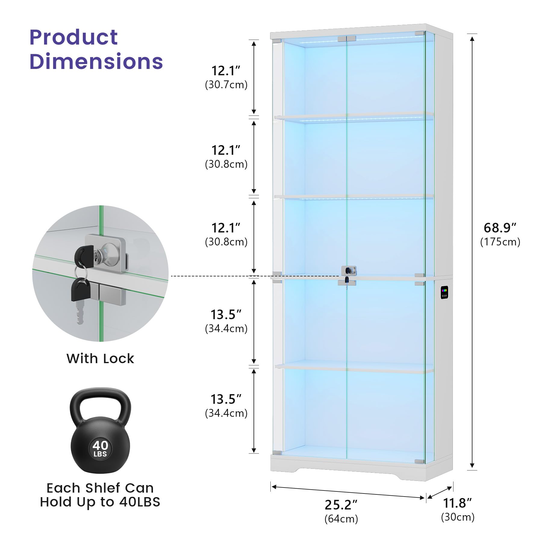 TAGELIER 175cm Glasvitrine mit RGB LED, 5 Ebenen Vitrine für Sammlerstücke & Figuren, abschließbarer Vitrinenschrank für Bücher, Weiß