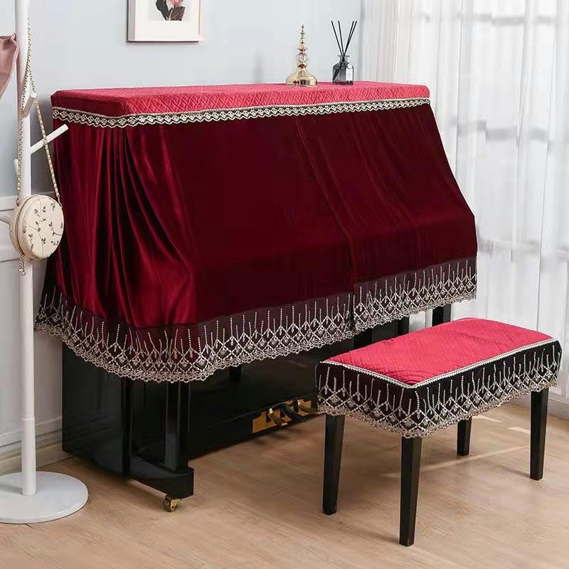 Klavierschutztuch, Klavierbezüge, for 150 cm Standard-Klavier, schwarzer Samt-Rüschen-Staubschutz for aufrechte Klaviere mit Hockerabdeckung, halber aufrechter Klavierbezug, Stoff-Sonnenschutz (Farbe: