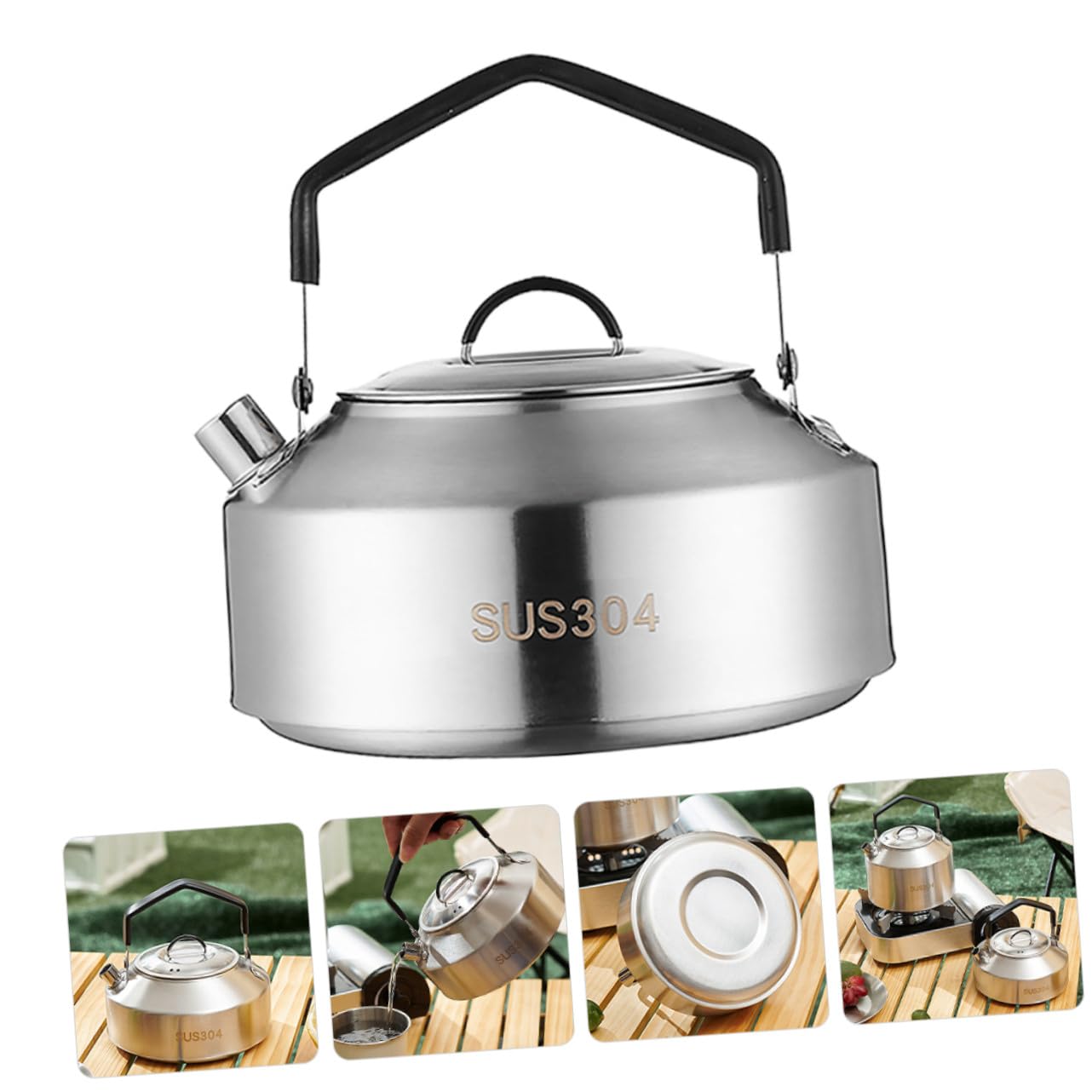 Hervidor de Agua Portátil para Camping Tetera de Acero Inoxidable 304 Mango Negro Resistente y Capacidad 1000 Ml para Actividades al Aire Libre Picnic y Senderismo
