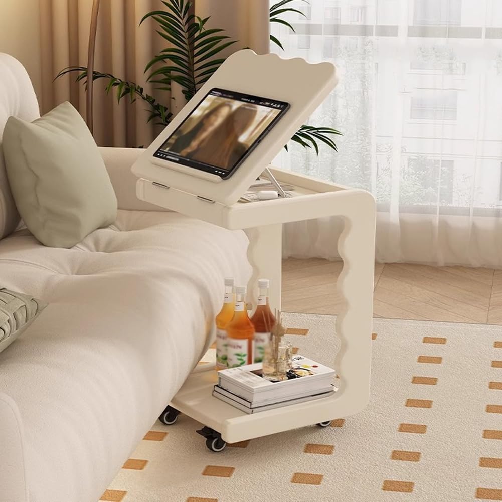 SXZenSpace Adjustable Desktop Solid Wood Bedside End Table, C Table with Wheels,Removable Side Tables for Couch,Living Rooms,Bedrooms,White,White,B