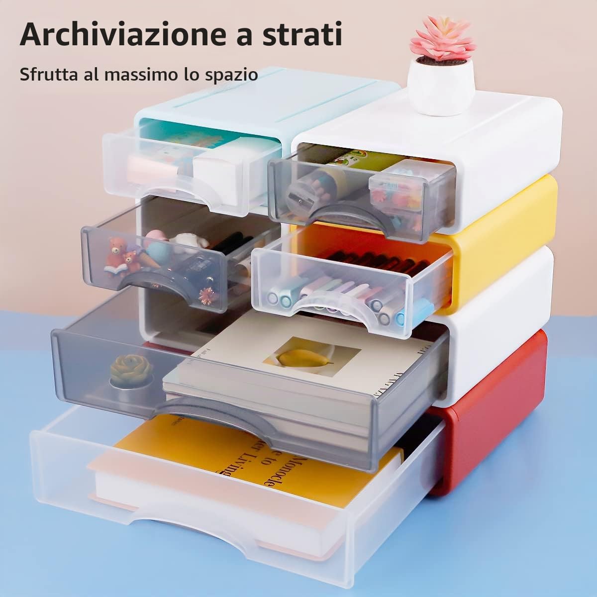 3 cassetti organizer da scrivania, impilabili, con 3 cassetti, organizer per cassetti da ufficio, accessori per organizzazione della scrivania, per casa, scuola, carta (bianco)