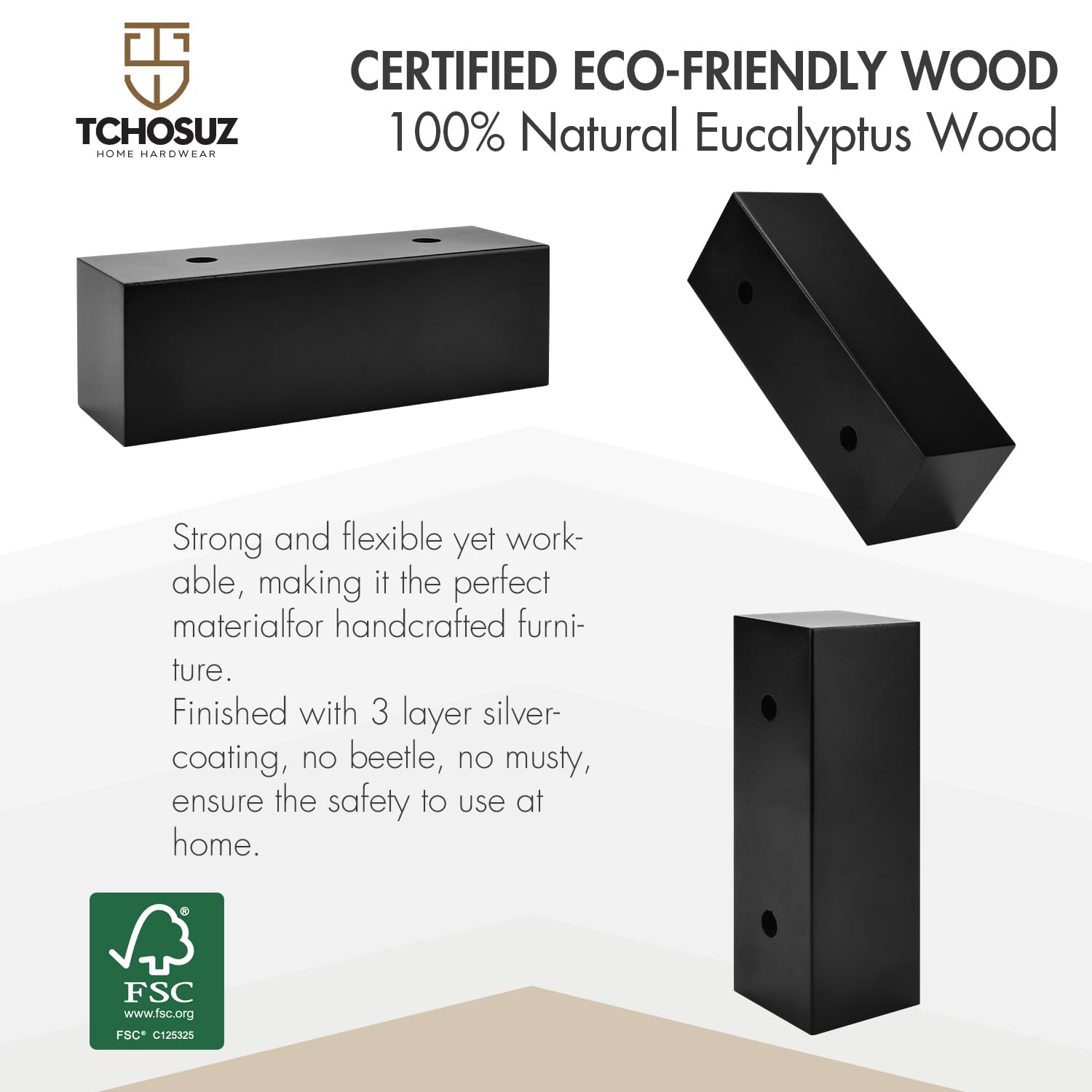 2 Inch Solid Wood Furniture Legs, 4 Pack Black Block Corner Legs, I-Shaped Sofa Feet & Bed Risers for Couch Bed Frame - Image 3