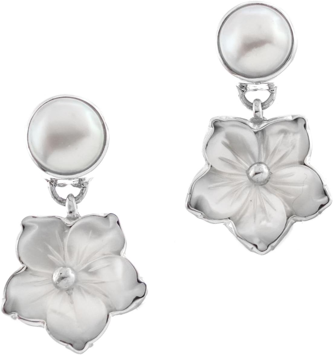 White Mother of Pearl Flower Cultured Pearl 925 Sterling Silver Post Earrings, 1 1/4"