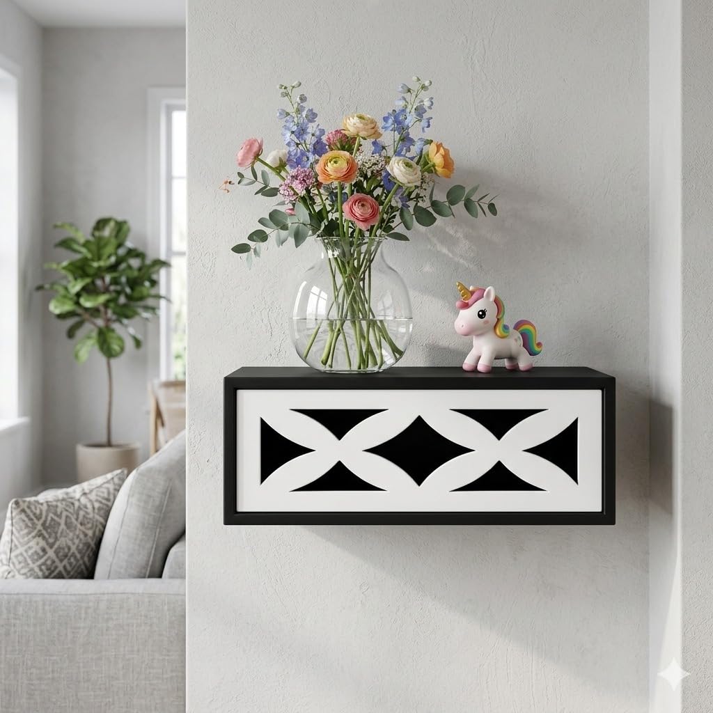 Wooden Wall Mounted Floating Wall Hanging Shelf with Integrated Fretwork Drawer - Modern Geometric Design - Single Drawer Wall Mounted Shelf for Entryway, Living Room, Bedroom (White Black)-image-48