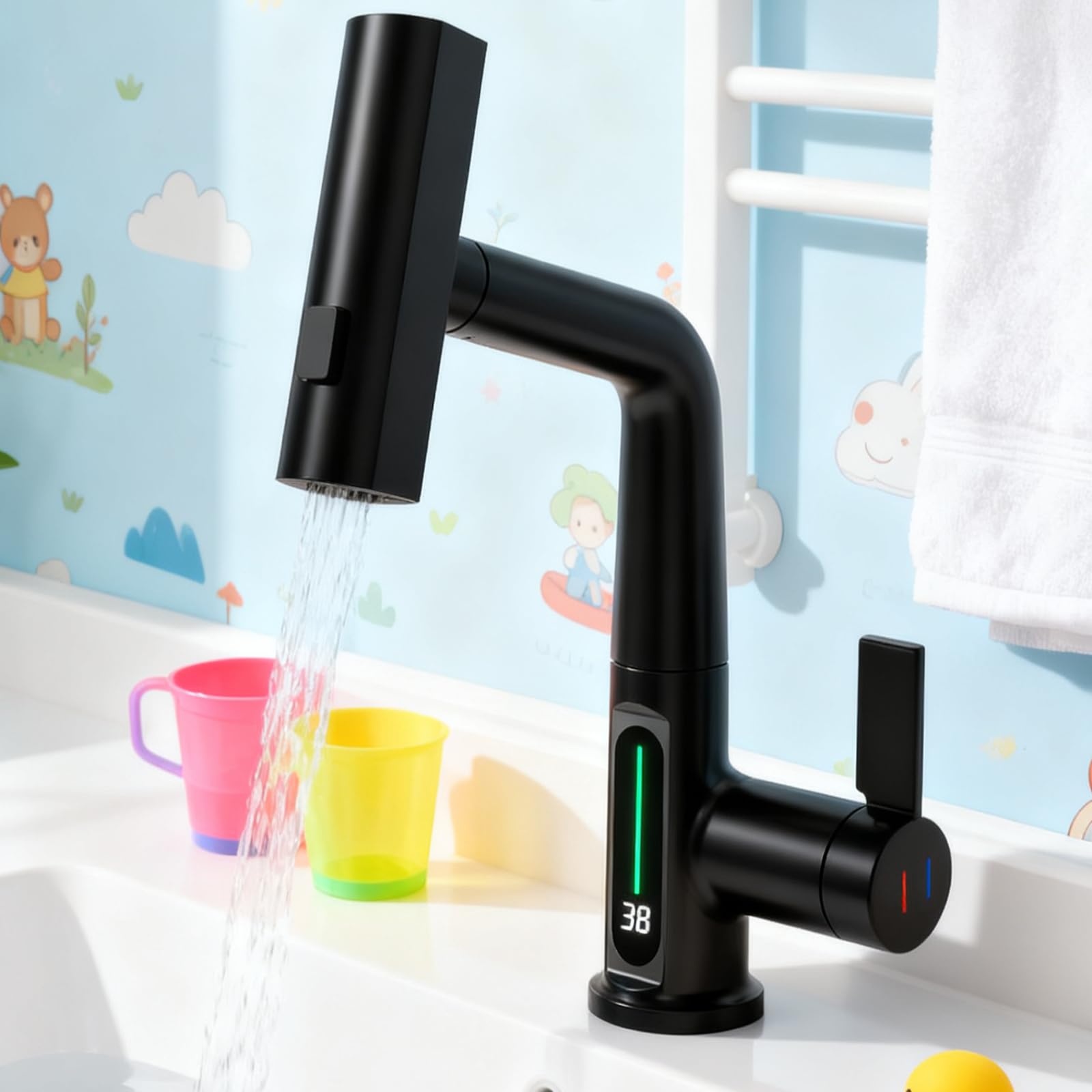Grifo Cocina Extraible, Grifo de Baño con LED de Temperatura Grifos de Cocina Fregadero con 3 Modos de Flujo de Agua Orientable de 360° grifo de cascada de baño Negro Altura Ajustable