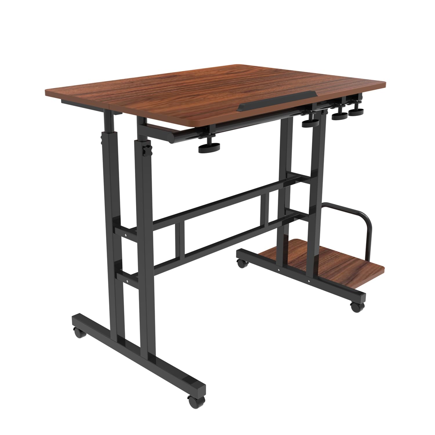 Scrivania mobile regolabile Maclean MC-124 con ruote, piano inclinabile 80x60 cm, altezza regolabile 67-115 cm, capacità di 50 kg, vassoio laterale dal design ergonomico, casa, ufficio, studio (Nero)