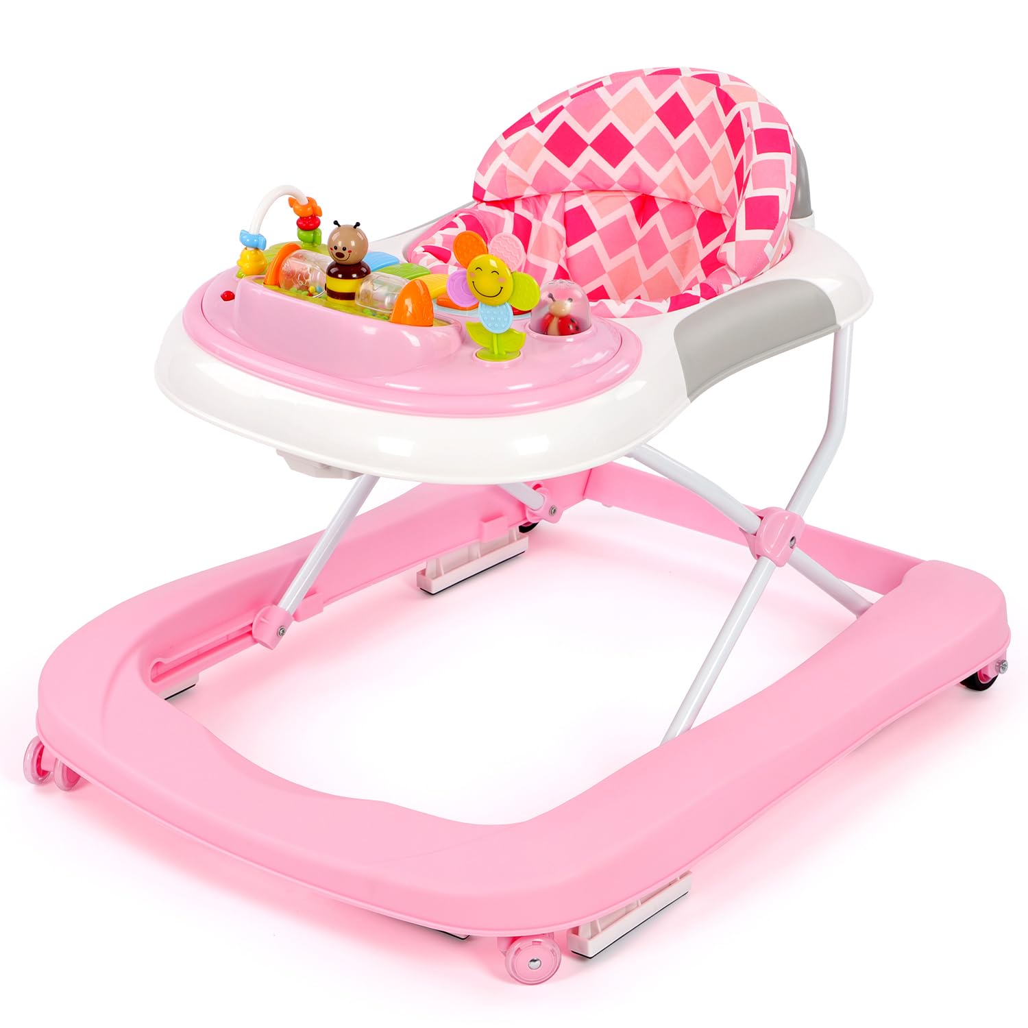 Hello-5ive Baby Walker, Foldable Activity Center 2 in 1 Twist Walker with Adjustable Height, Push Along Wheeled Walker with Music and Lights Play Tray for 6-18months Boys Girls, Pink