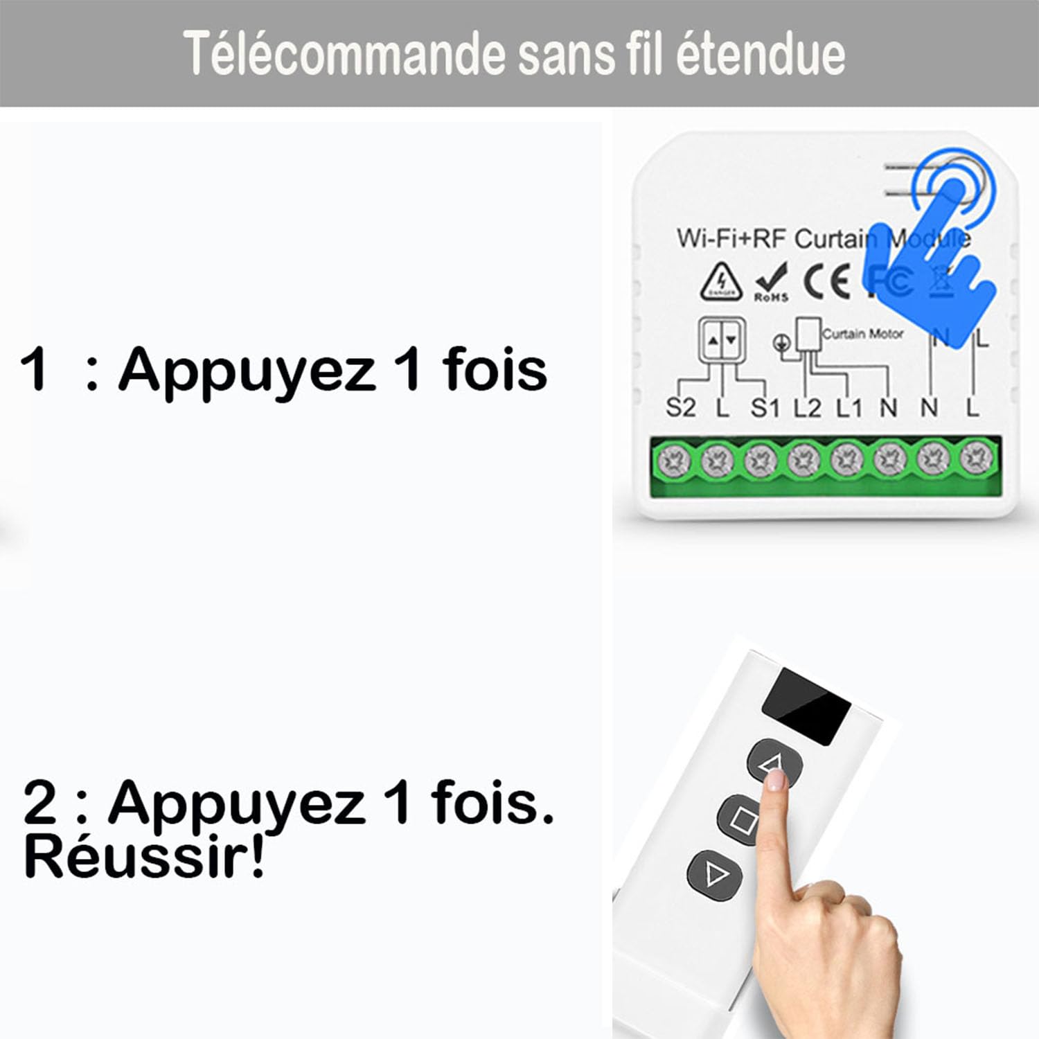 Interrupteur Module Volet Roulant Sans Fil, Commutateur de Commande à Distance Moteur AC sans Fil pour Volets Roulants Stores Stores Auvent AC 220V 230V Émetteur Radio RF Contrôle Portée 100M