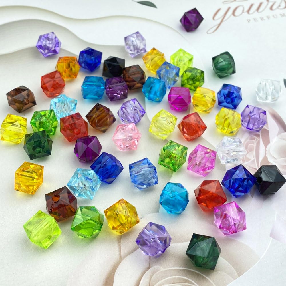 Jmassyang 100 cuentas espaciadoras sueltas de plástico cuadrado colorido de 12 mm con forma de cubo facetado de acrílico para bricolaje, campanillas de viento, atrapasueños, collares, pulseras,