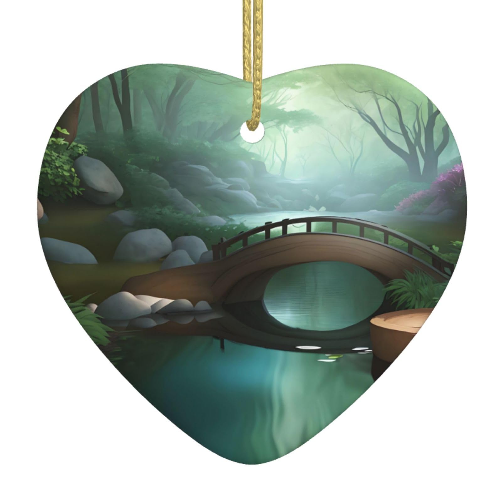 Little Bridge in The East Ceramic Christmas Heart Pendant with Silk Thread, Christmas Tree Home Decoration