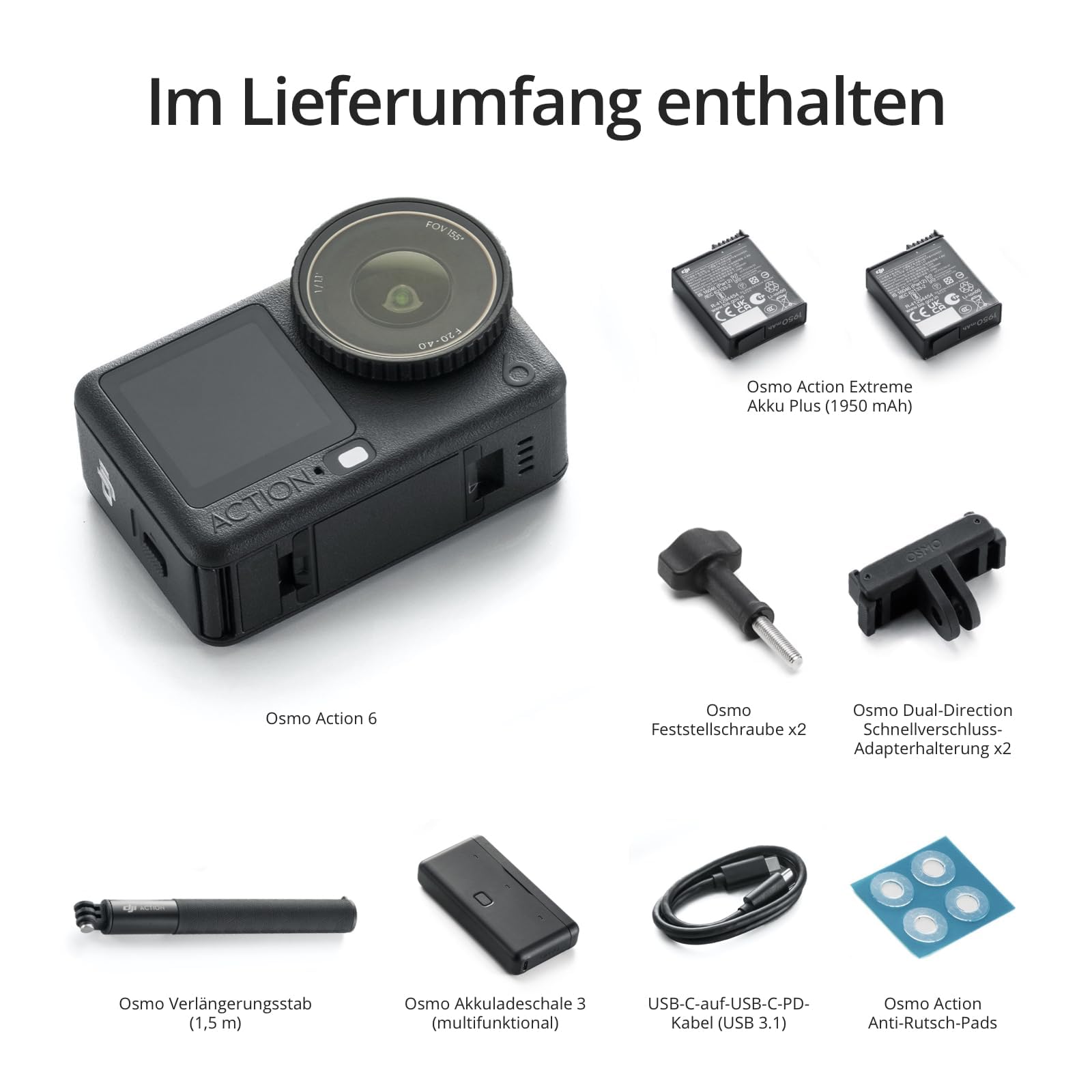 DJI Osmo Action 6 Erweiterte Combo mit Fahrradset + Speicherkarte Combo, Action-Cam 4K mit 1/1,1″-Quadratsensor, Variable Blende von f/2,0-f/4,0, längere Akkulaufzeit mit 2 Akkus