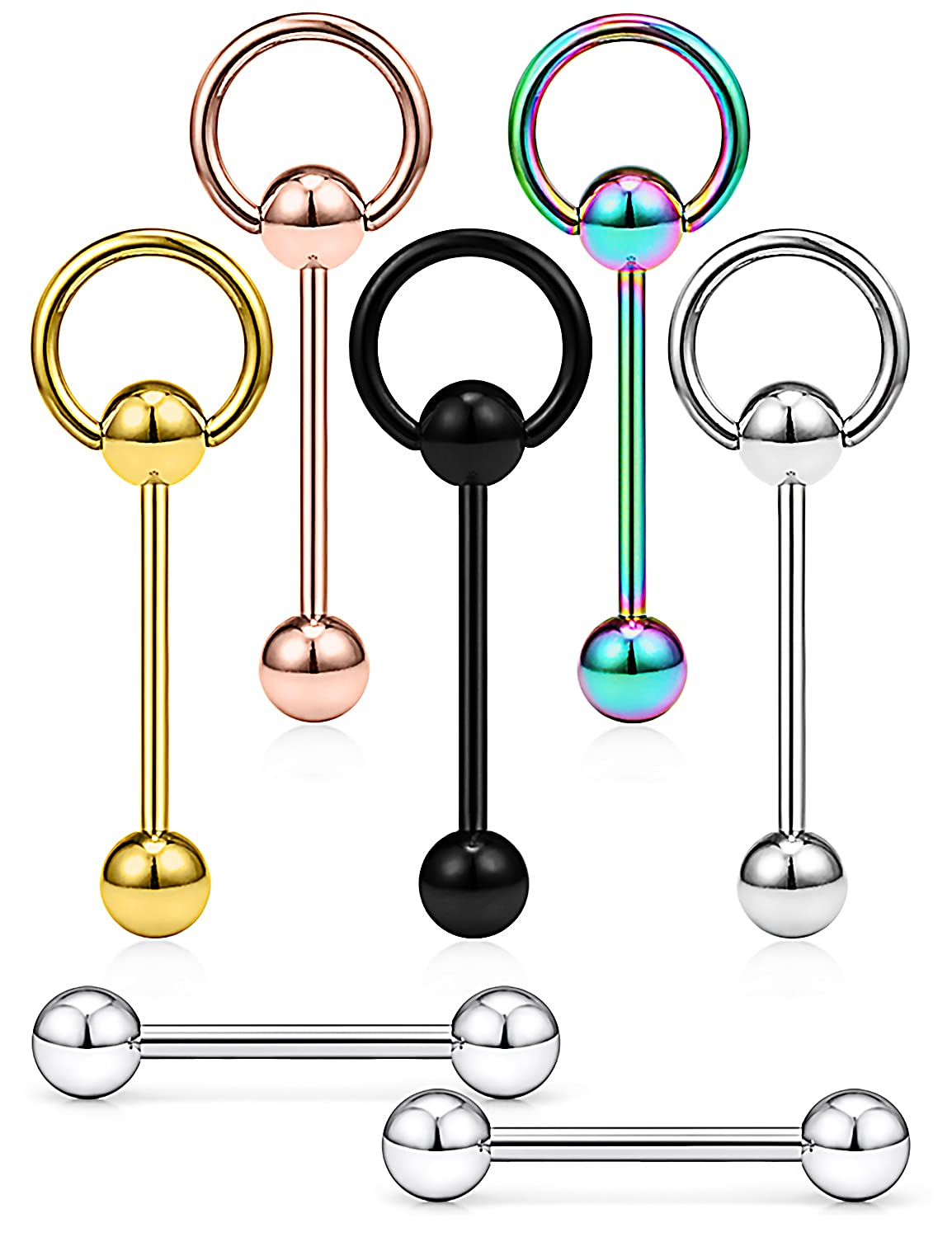14G Tongue Rings Door Knocker - Surgical Steel Tongue Rings - Body Piercing Jewelry for Women & Men - 7Pcs Mixcolour 16MM