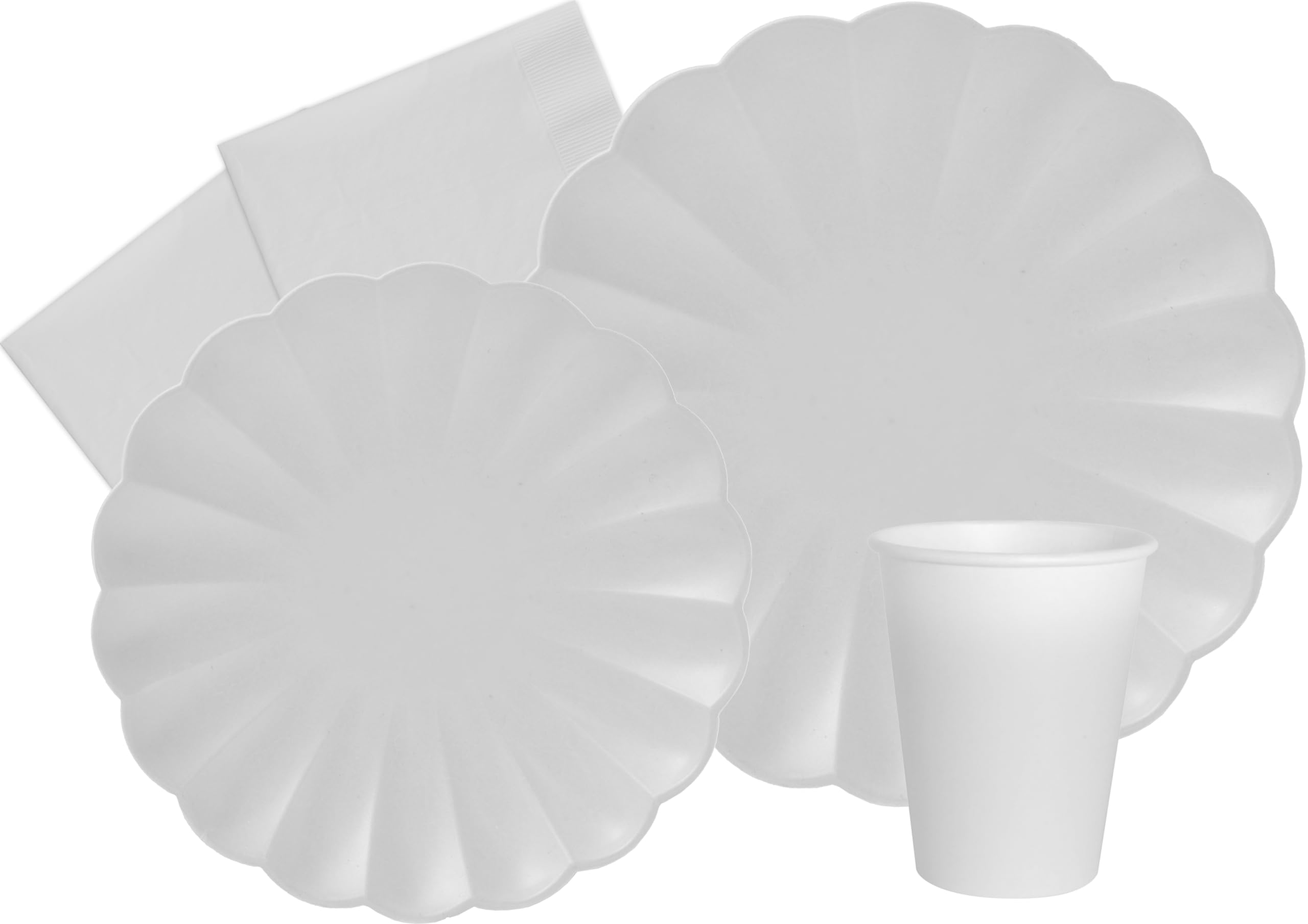 Party Tableware Set Flower Shape for 24 people (112 pcs: 24 plates Ø23cm, 24 plates Ø18cm, 24 cups 200ml, 40 napkins 33x33cm) in eco-friendly compostable paper, white