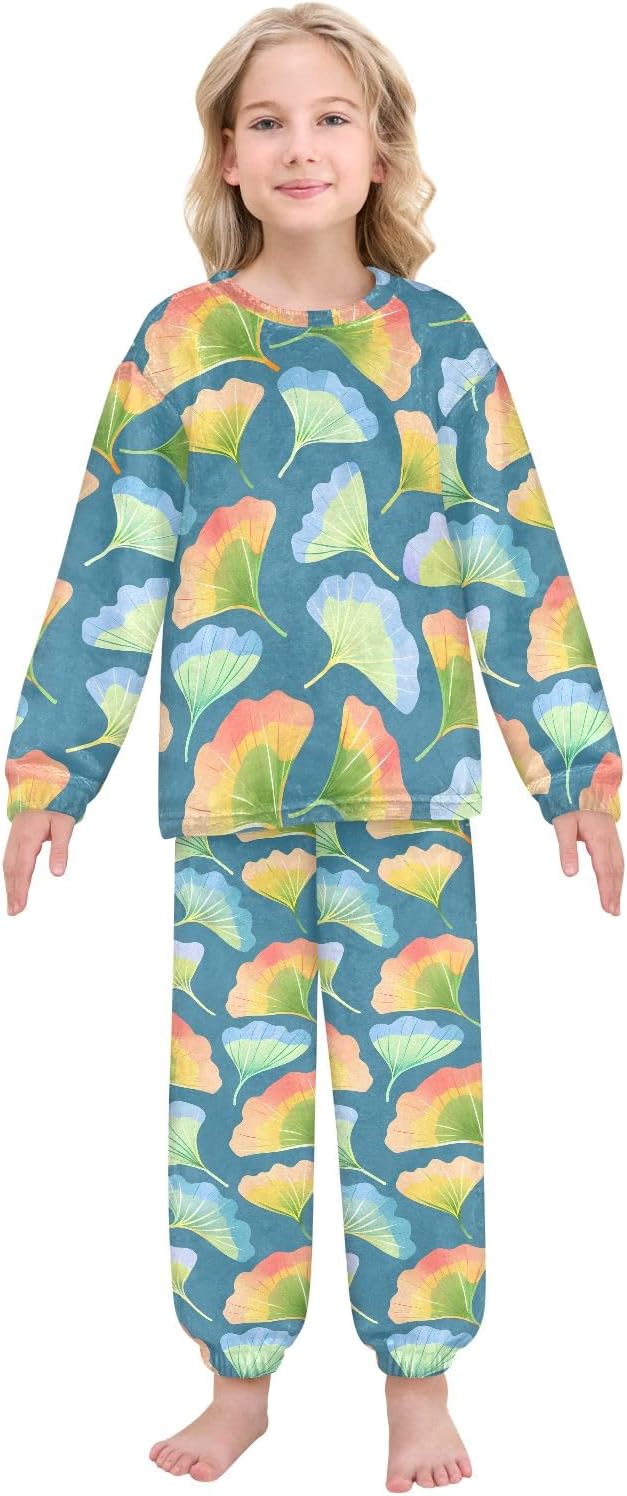 Kids Flannel Sets Ginkgo Biloba Leaves Warm Plush Relaxed Clothing for Boys and Girls