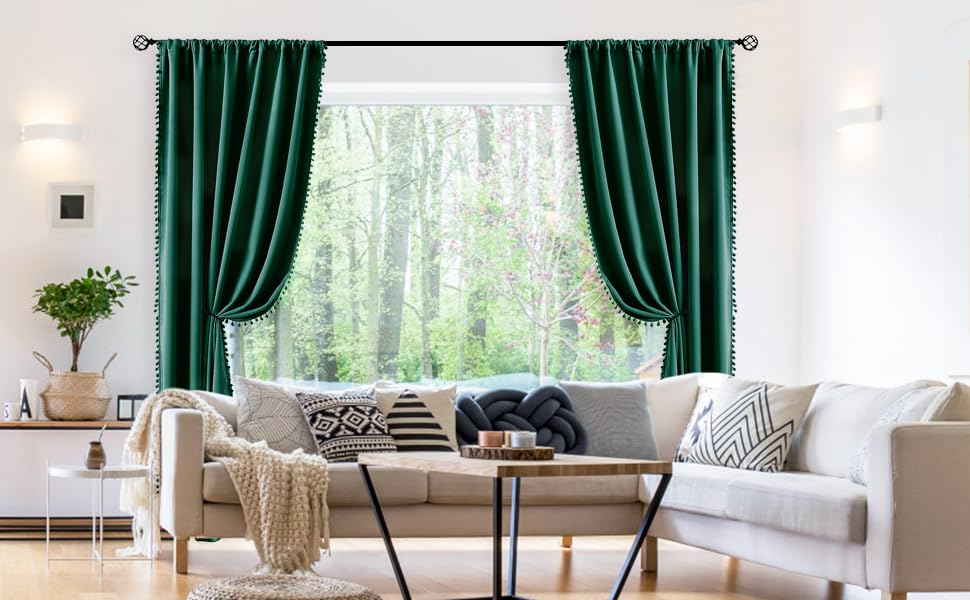 Image of Treatmentex Green Blackout Curtains for Bedroom 90 inch Pom Pom Windows Drapes Cute Decorative Triple Weave Thermal Insulated Curtain Drapes for Nursery Room Studio Hotel 52 inch w x2 Panels Rod Pocket