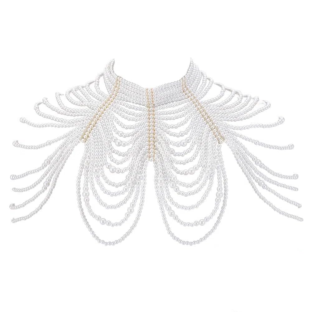 Pearl Body Chain Choker Necklaces, Adjustable Imitation Pearl Beaded Layered Necklace Elegant Body Jewelry for Women Summer Beach Accessories Wedding Party Decoration Gifts