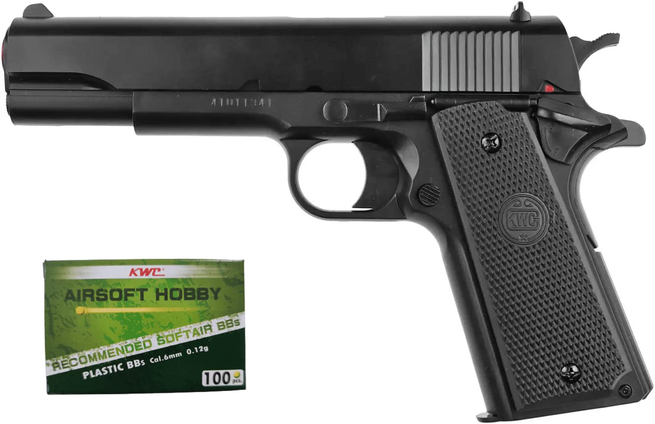 Pack Pistola de Airsoft Modelo KWC M1911 con Muelle/Material: Plástico de Alta Resistencia/Potencia 0.5 Joule/Entregado con Accesorios