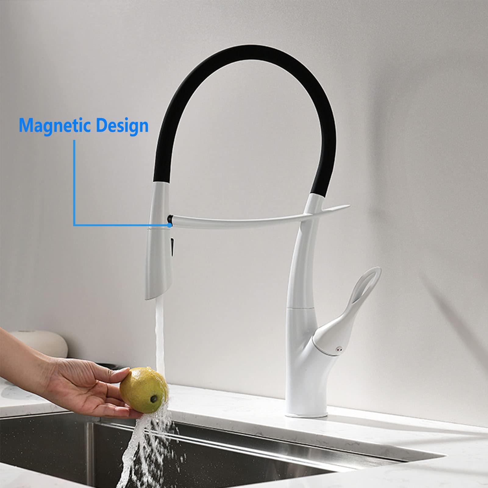 un grifo de agua enlatado en la pared, Grifo de cocina latón con rociador extraíble, monomando, giratorio 360 grados(White)