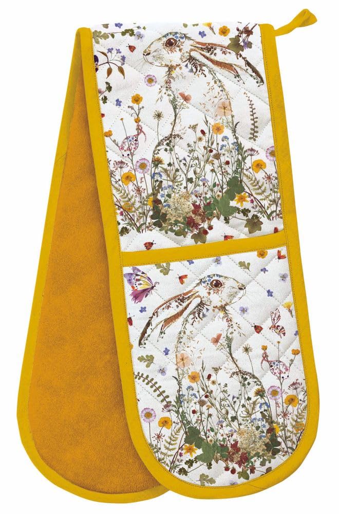 Gants de cuisine doubles en coton bio Motif floral Lièvre et papillons