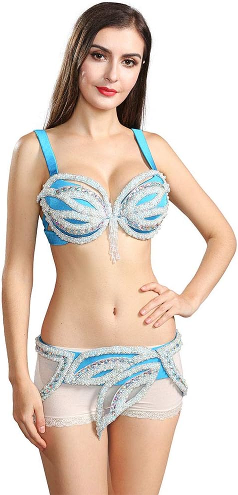 ROYAL SMEELA Belly Dance Costume for Women Beaded Belly Dance Bra and Belt Belly Dancing Hip Belt Bra Top Carnival Outfit