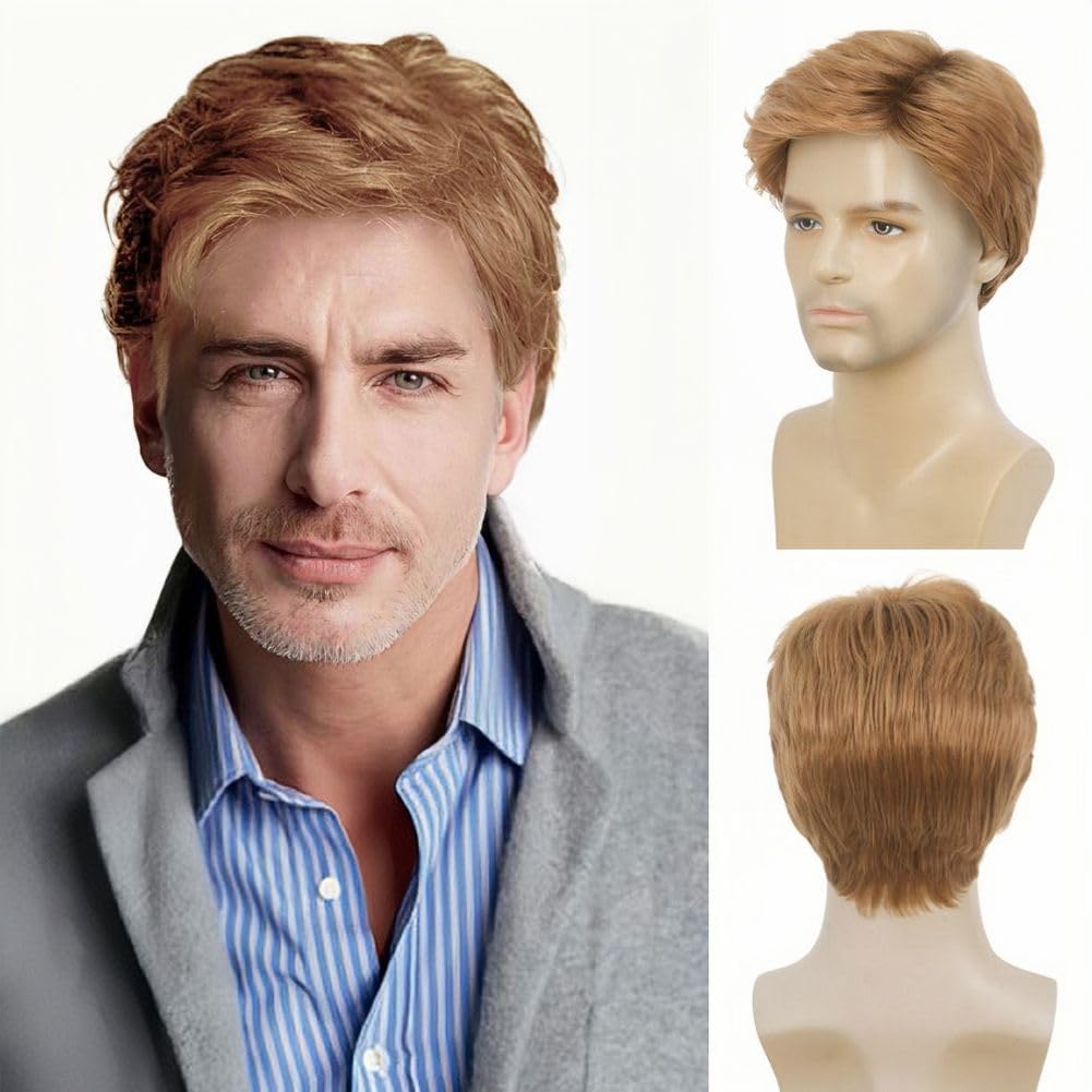 KanelesBlonde Wigs for Men Short Layered Natural Hair Wig for Male Guy Halloween Cosplay Costume Wigs(Blonde)