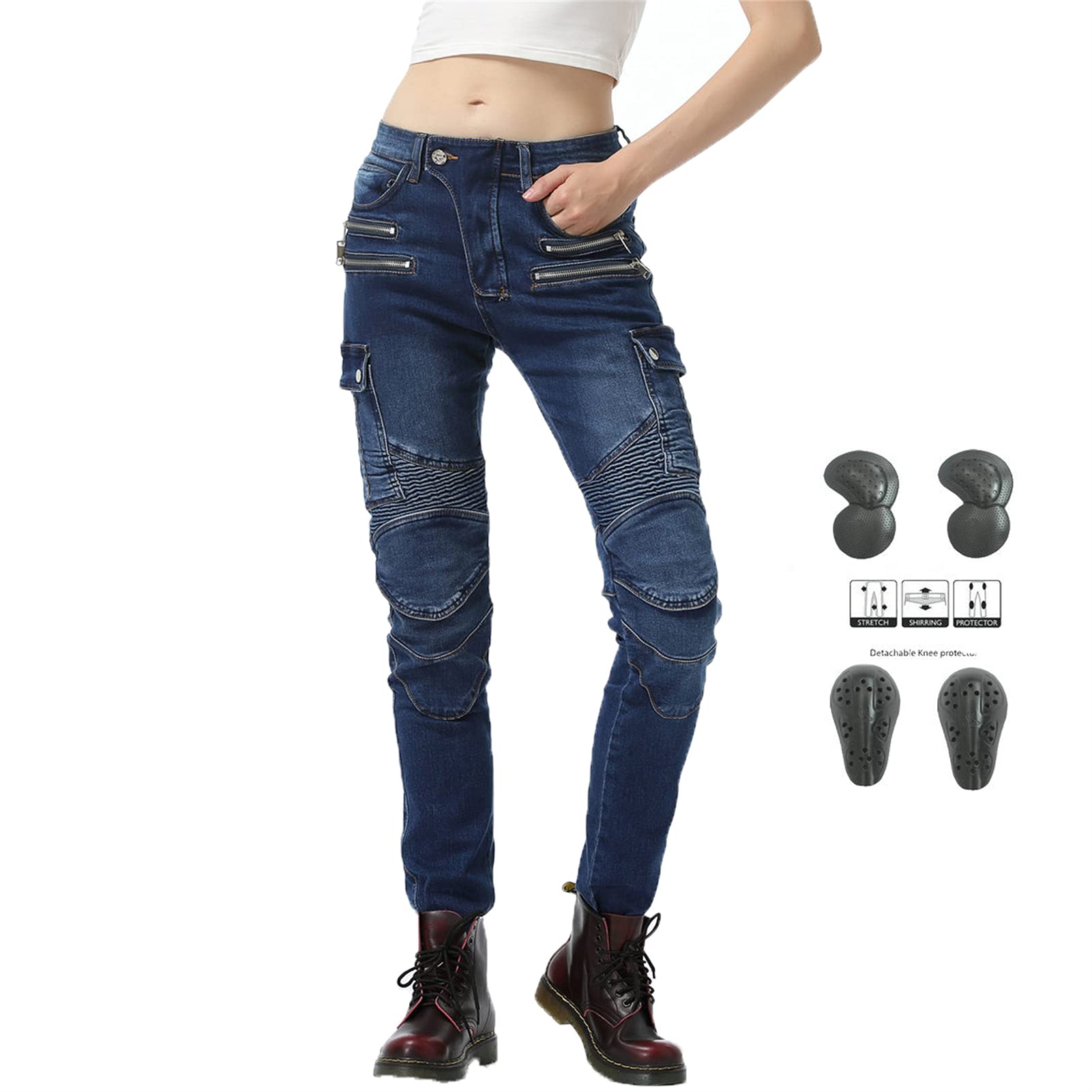 Pantaloni da moto da donna, pantaloni protettivi da moto, resistenti all'usura, traspiranti, con protezione staccabile per fianchi e ginocchiere, jeans (blu, XXS)