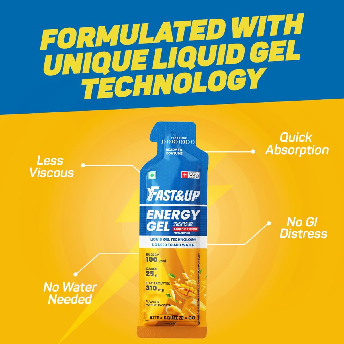 Fast&Up Energy Gel- Mango Passion flavour (Caffeinated) - Pack of 6 Gel Sachets, 39g per sachet- For Instant energy boost, Improved endurance and performance - Image 7 thumbnail