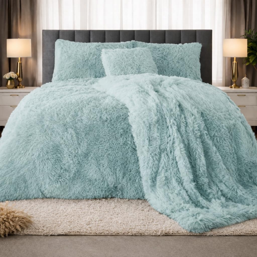 PARADISE STAR Teddy Bear Cuddles Fleece Duvet Cover Set – Alaska Luxury Faux Fur Bedding with Matching Pillowcases, Super Soft Warm Plush Winter Quilt Cover Bed (Duck Egg, Double)