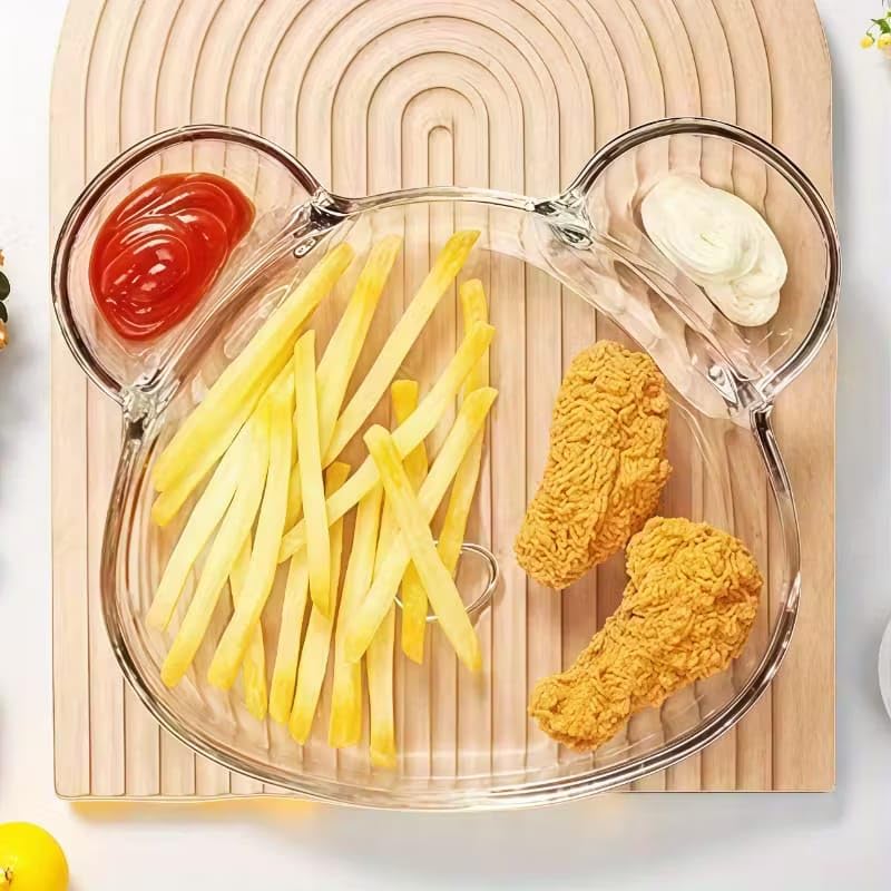 Image of PrimeWorld 2pcs Bear-Shaped Borosilicate Glass Grid Plate | 9.25 Inch Salad Plates | Microwave & Oven Safe Partition Dish | Multi-Functional Tableware for Noodles, Chips, Dumplings, Pastries & More