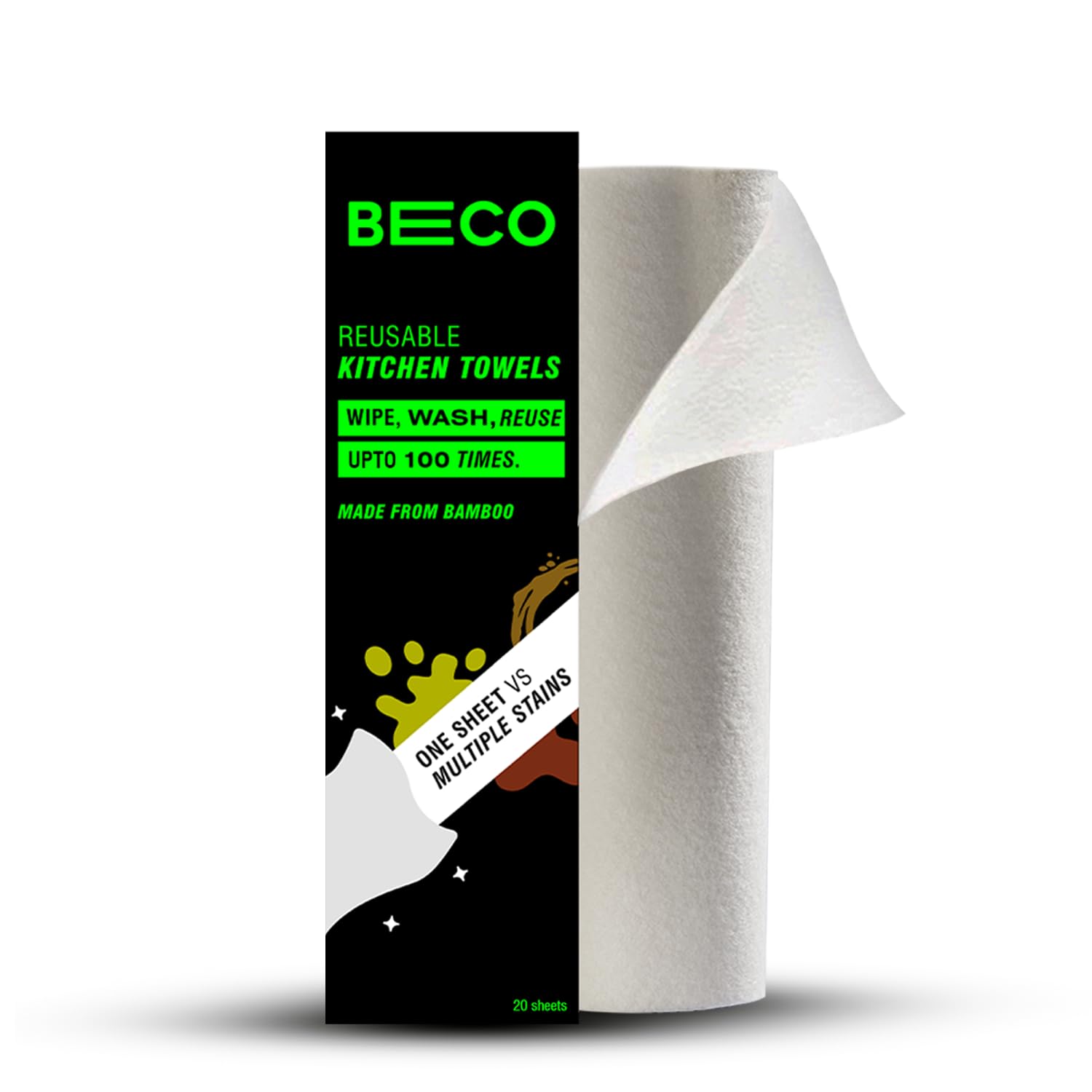 Beco Eco-Friendly Reusable Kitchen Towel Roll - 20 Sheets Natural & Organic Cleaning Bamboo Cloth No Trees Cut