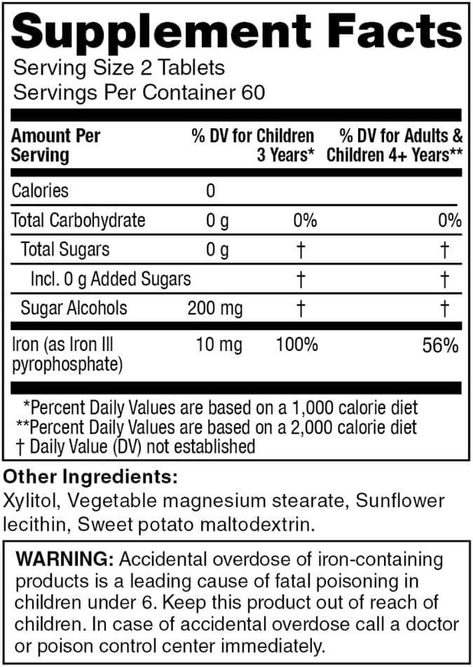 KidStar Nutrients BioFe Pure Iron Chewables for Kids & Adults, Sweet Blast, No Sugar, Sweetened with Xylitol, 120 Chewable Tablets