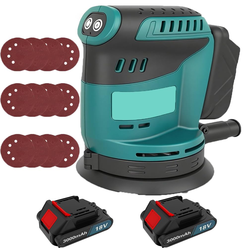 Cordless Random Orbit Sander, Electric Random Sander Compatible with Makita 18V Battery, with 125mm 4Pcs Sandpapers 2X 3.0Ah Batteries and Charger, for Wood, Polishing, Sanding