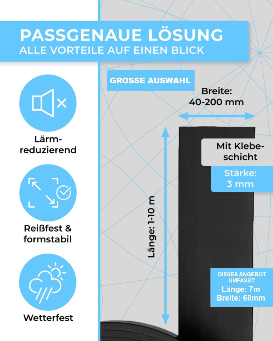 Gummistreifen mit einseitiger Klebeschicht 6cm breit 3mm dick 1-10m lang Vollgummi Hartgummi Bodenbelag (6cm(60mm) x3mm, 7m)
