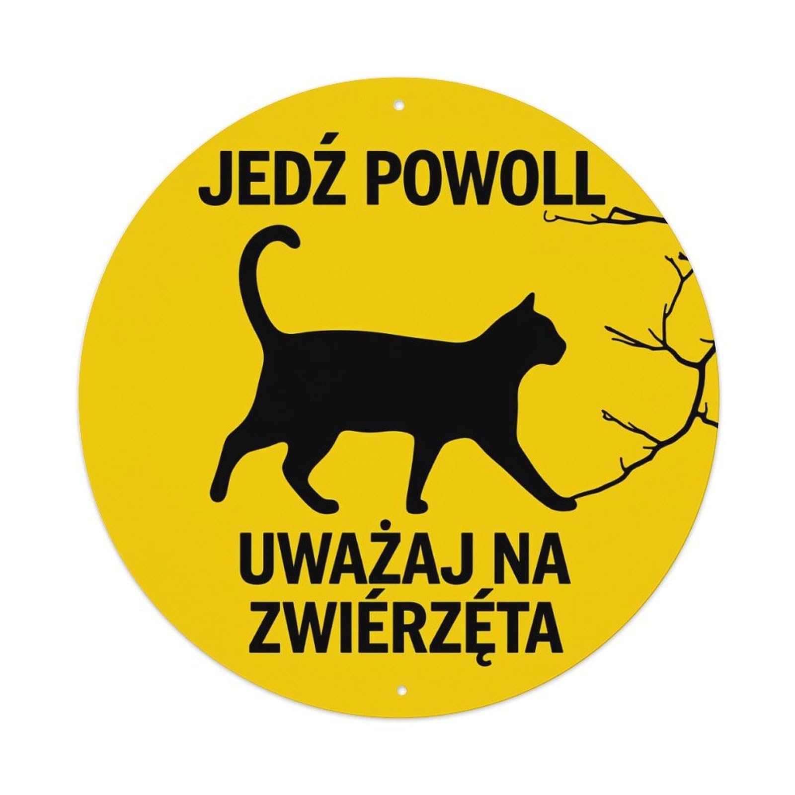 Cat Walking Branch Warning Sign Round Tin Sign Vintage Metal Poster, Home Bar Garage Man Cave Cafe Indoor & Outdoor Wall Decoration 8x8Inches