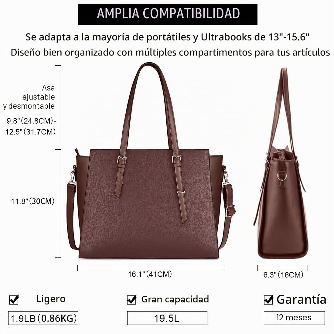 NEWHEY Bolso Universidad Mujer para Portatil 15.6 Pulgadas Grande Impermeable Bolsa Shopper Cuero PU Negro