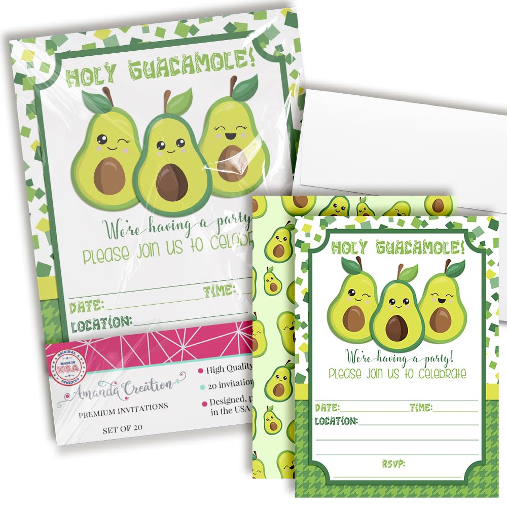 Trio of Avocados Holy Guacamole Fiesta Themed Birthday Party Invitations, 20 5x7 Fill In Cards with Twenty White Envelopes by AmandaCreation