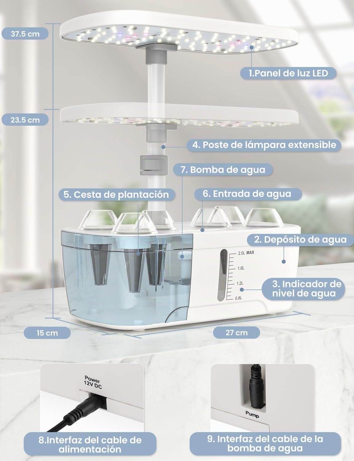 Sistema de Cultivo Hidropónico Kit de Cultivo Interior con Iluminación LED Automática, Huerto Interior con Temporizador Automático, Altura Ajustable (6 Vainas)