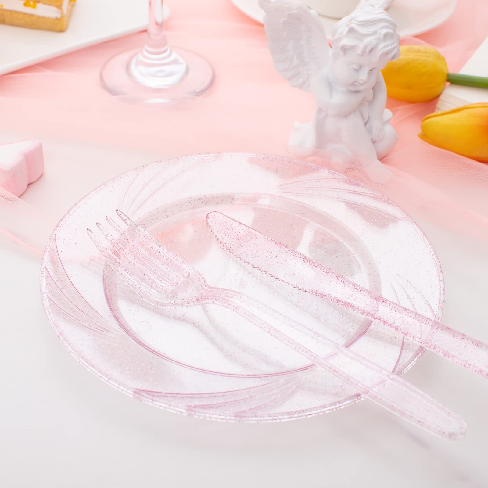 Pink Glitter Plastic Cutlery - Disposable Silverware -6 Pink Glitter Plastic Cutlery - Disposable Silverware -6