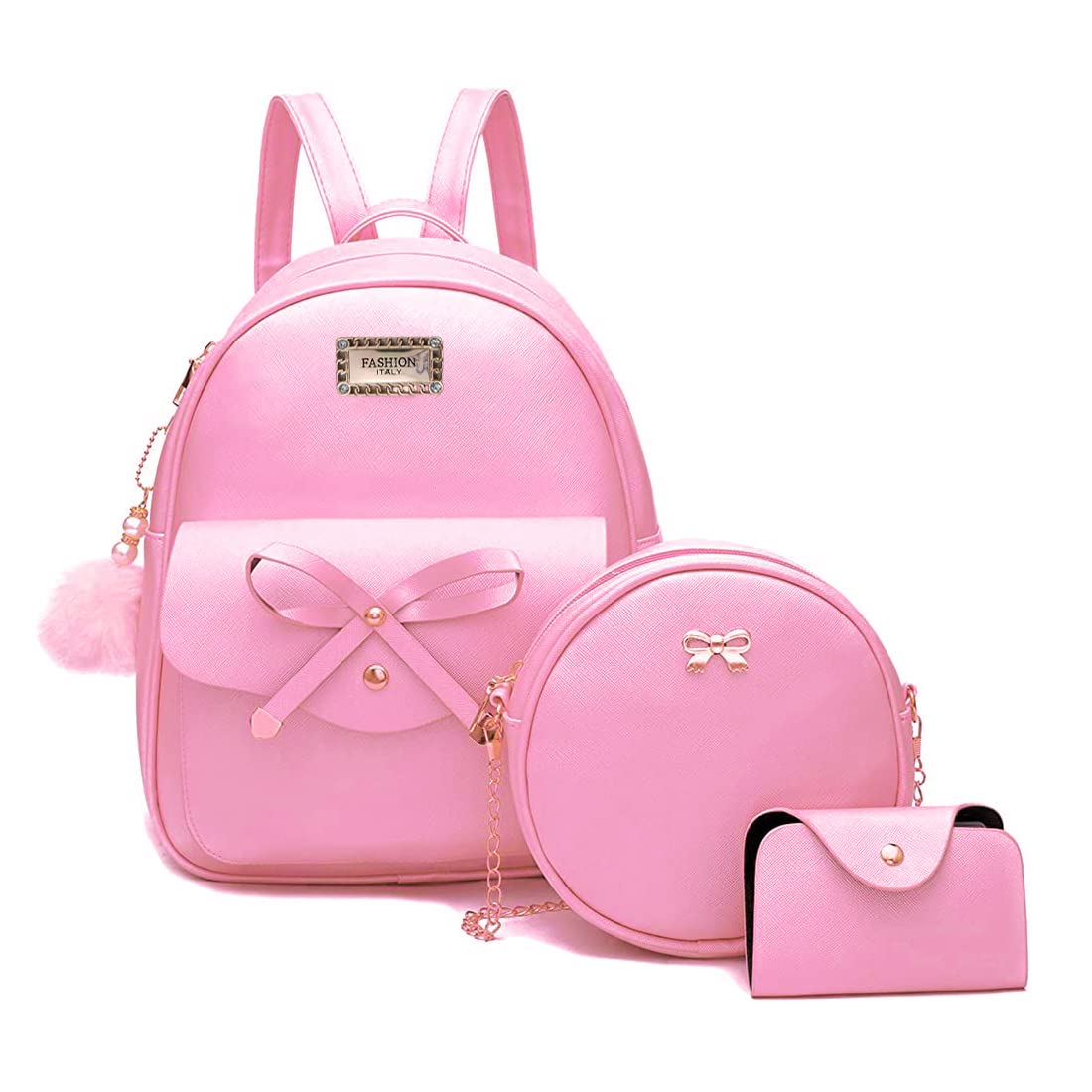 Alice Bowknot 3-Pieces Fahsion Leather Backpack Backpack Purse for Women Rucksack for Ladies Shoulder Bag//Rakhi gift for Sister (baby pink) (B09JVT16H5) Amazon Price History, Amazon Price Tracker