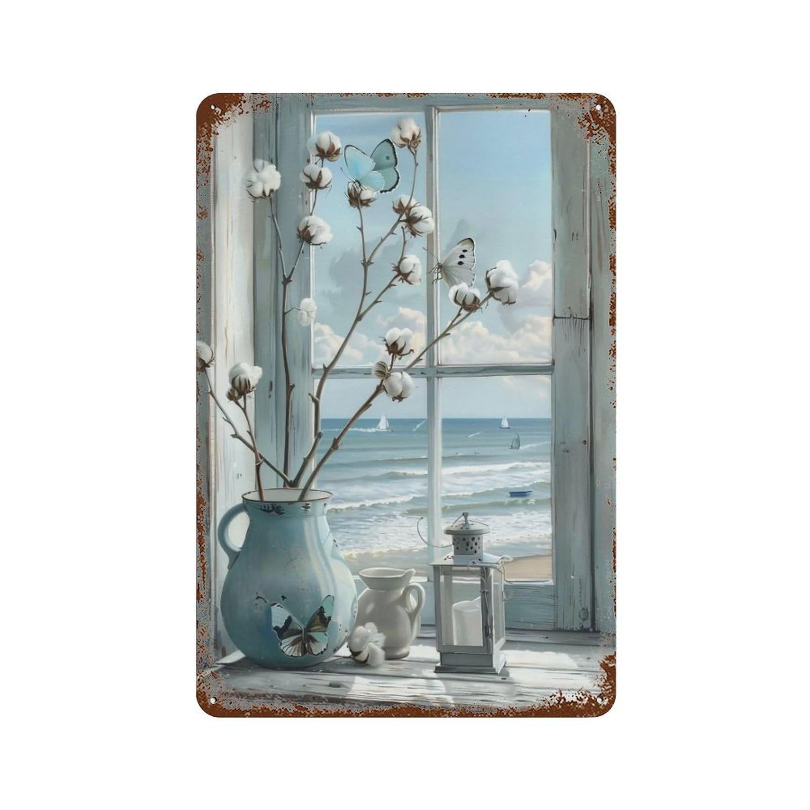 HDURYEYRYY Pale Blue Coastal Cotton Window Still Life 04 Wall Retro Iron Vintage Art Metal Tin Sign Poster Modern Home Cofffee Club Art Bar Shop Decor 30x20cm