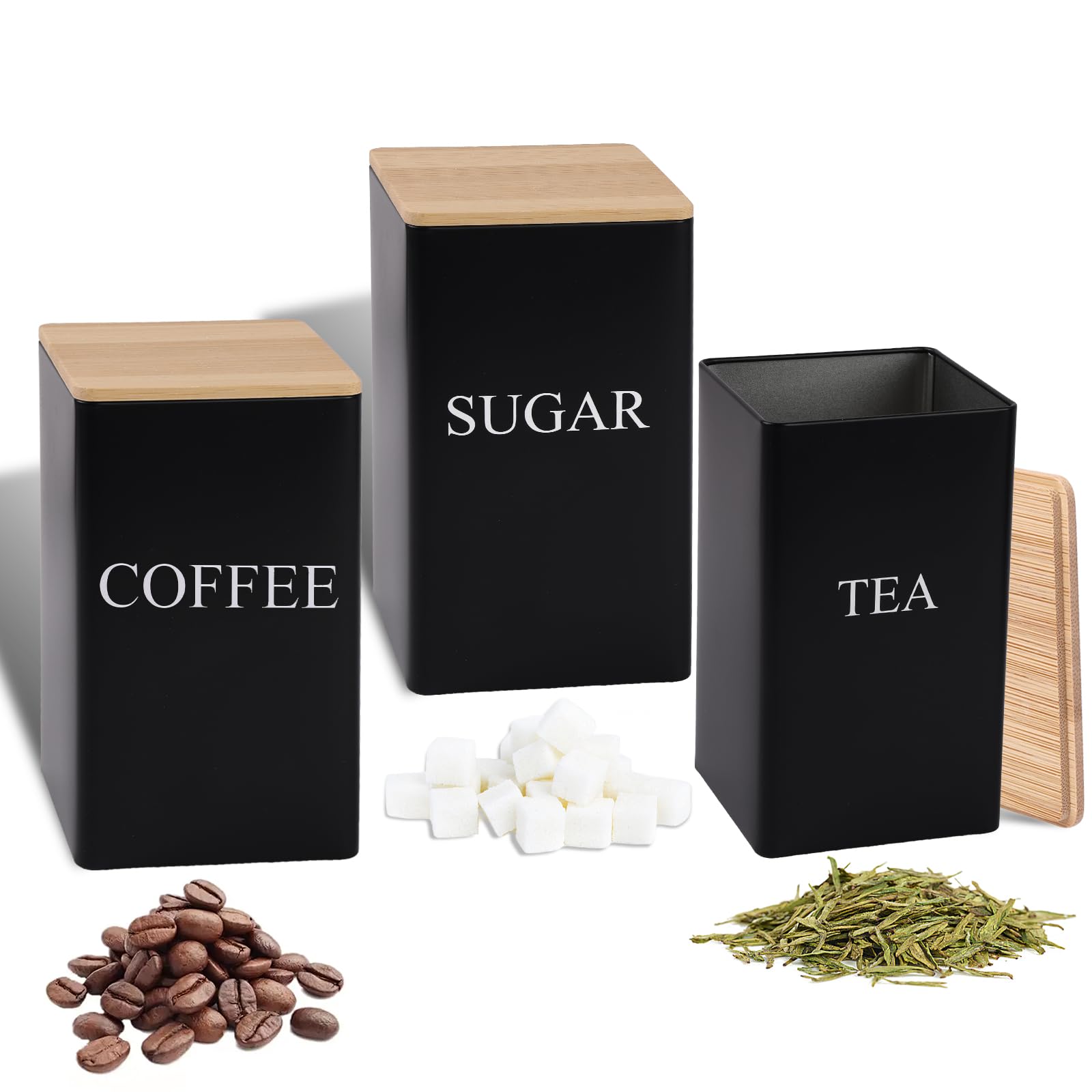 Pinboov 3 Piece Tea Coffee Sugar Canisters, 1000 mL Black Metal Tea Coffee Sugar Canisters with Wooden Lid, Square Storage Containers for Kitchen Counter, Pantry, Office, Café and Restaurant Use