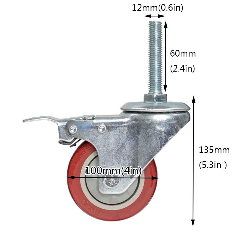 Set 4 STK Lenkrollen 3''/4'',Rollen für Möbel,Gewindestange M12 * 60mm,Kugellager Können um 360 Grad Gedreht Werden